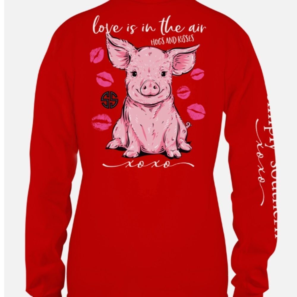 Simply Southern Red Long Sleeve Tee with Pink Pig & Kiss Graphic